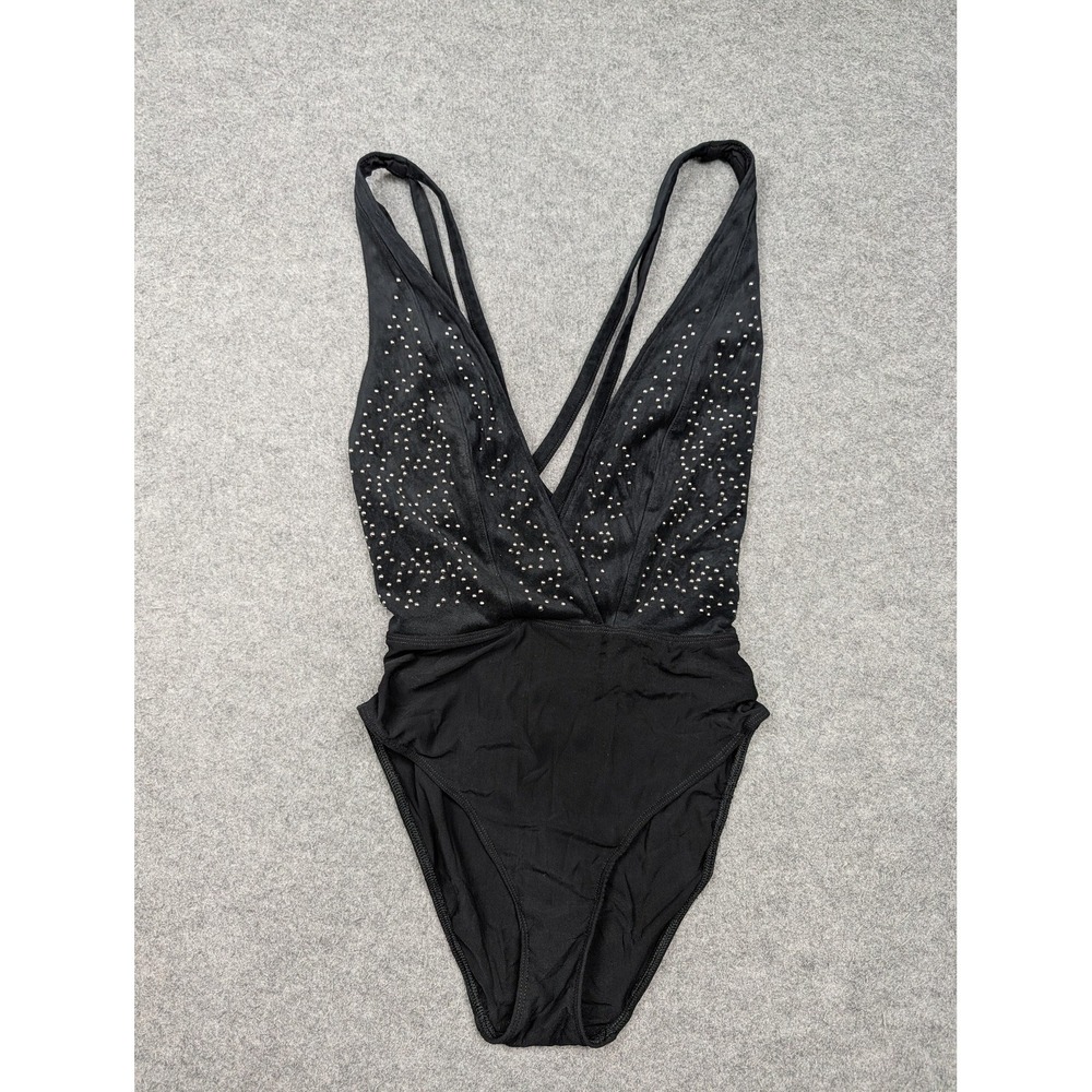 Out From Under Bodysuit Womens Small Black Studded Mesh Plunge Strappy Open Back